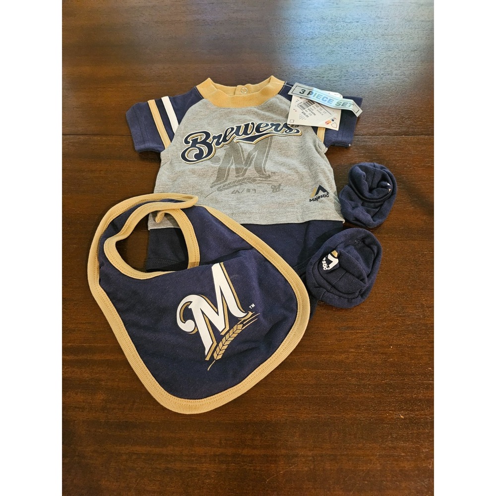 Milwaukee Brewers MLB 3 Piece Infant Boy's Bib Booties & Bodysuit Set 0-3 months